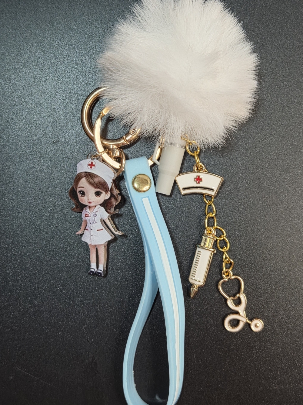 Calling All Nurses!  Bag Charm Pom Keychain - Light Blue Strap